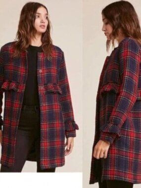 Jack by BB Dakota | Red & Blue Plaid Swag Out Ruffle Trench Coat Size Small